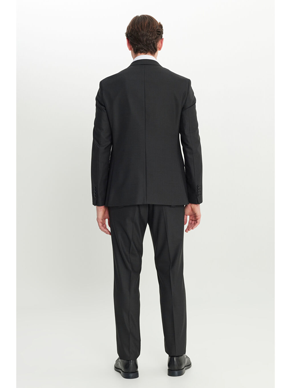 Erkek Siyah Yünlü Slim Fit Dar Kesim Mono Yaka Desenli Kapak Cepli Takım Elbise-7