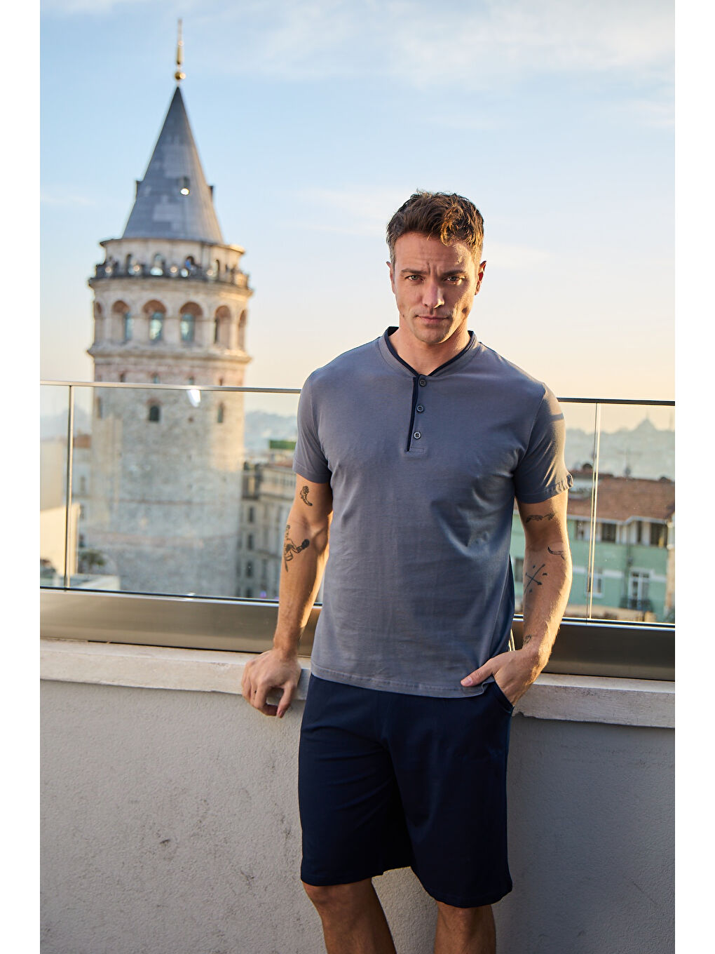 Antrasit Erkek %100 Organik Pamuk Doğal Kısa Kollu Şortlu Yüksek Kaliteli Pijama Takımı-1