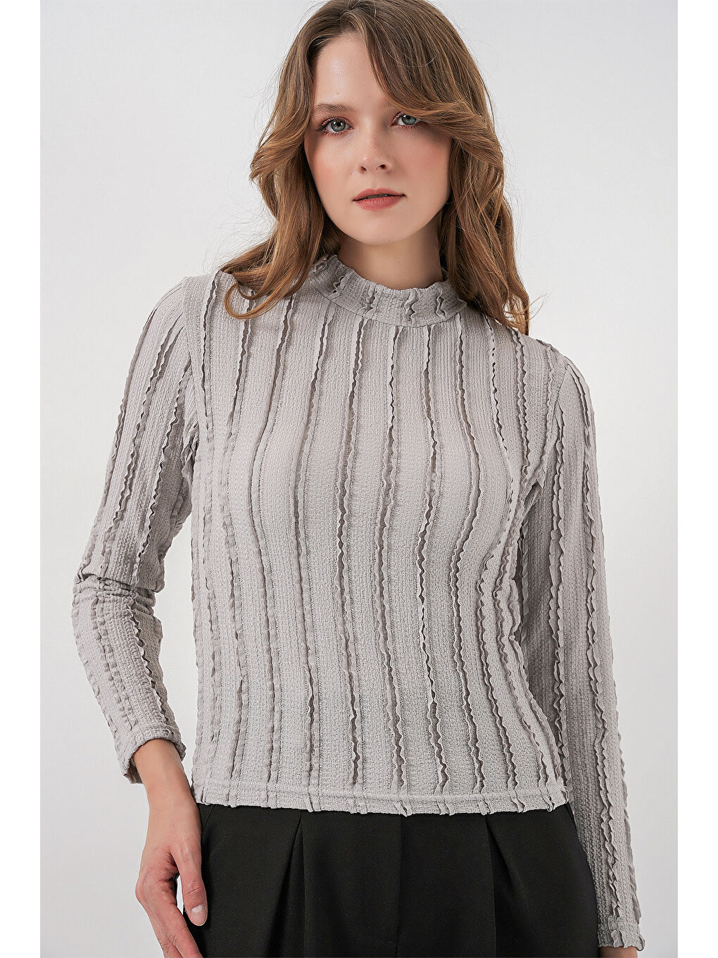 Kadın Dokulu Esnek Örme Bluz 975 - Gri-2