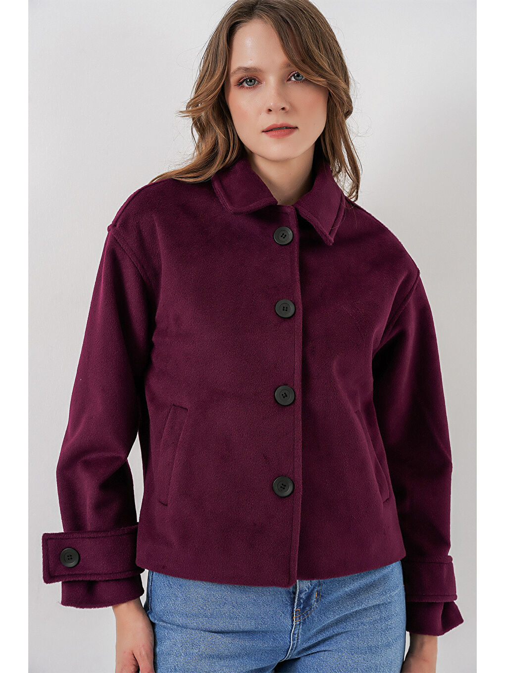 Kadın Kısa Kaşe Ceket 0724 - Mürdüm-2