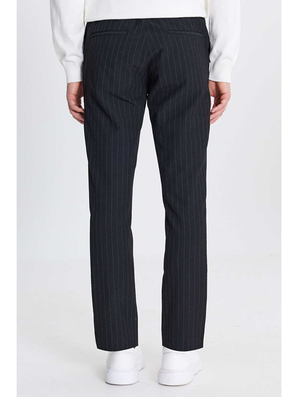 Erkek Siyah Yumuşak Dokulu Slim Fit Beli Bağlamalı Yan Cepli Gofre Desenli Pantolon-4