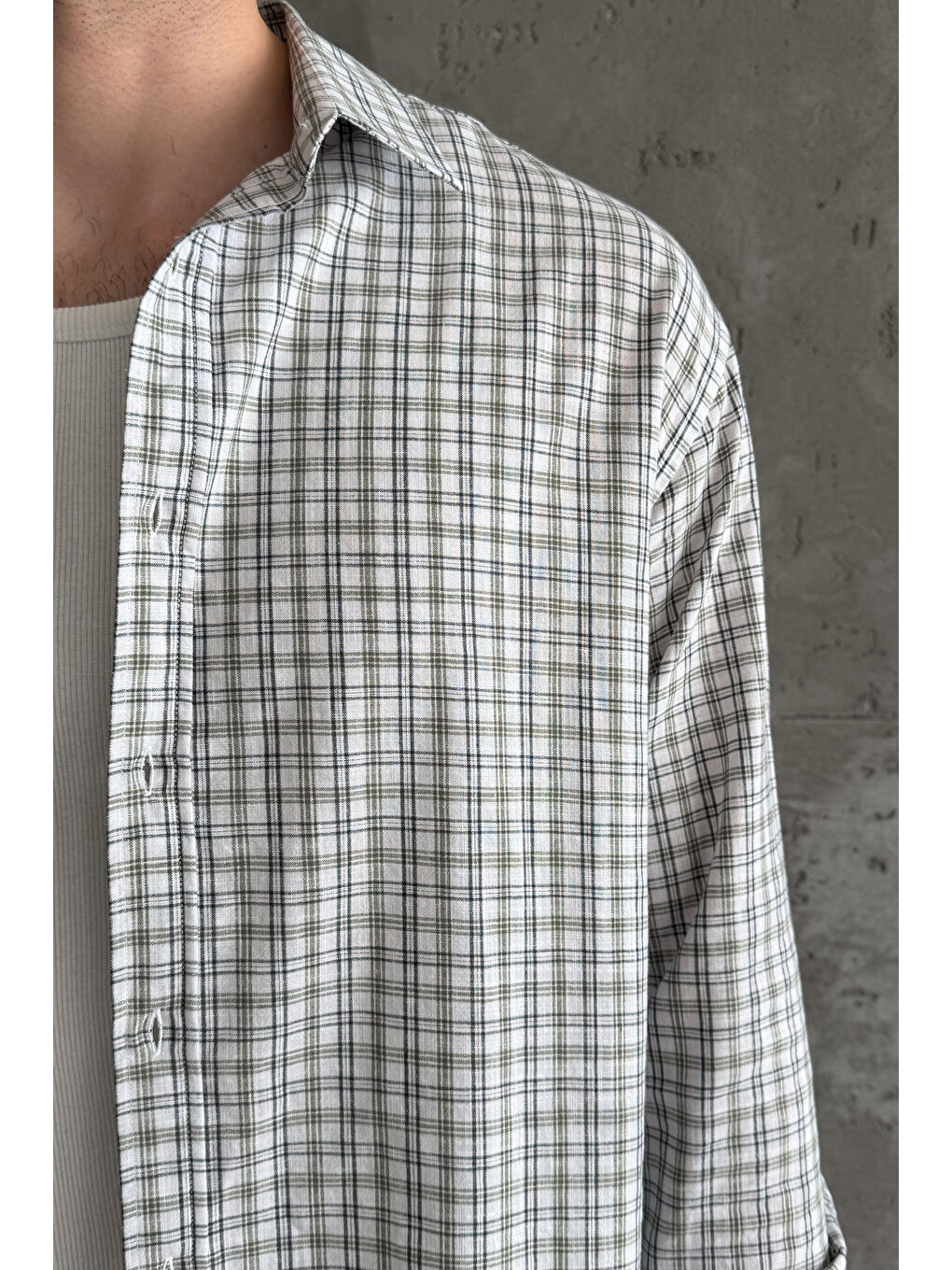 Yeşil Erkek Oversize %100 Pamuk Flam Keten Kareli Gömlek-2