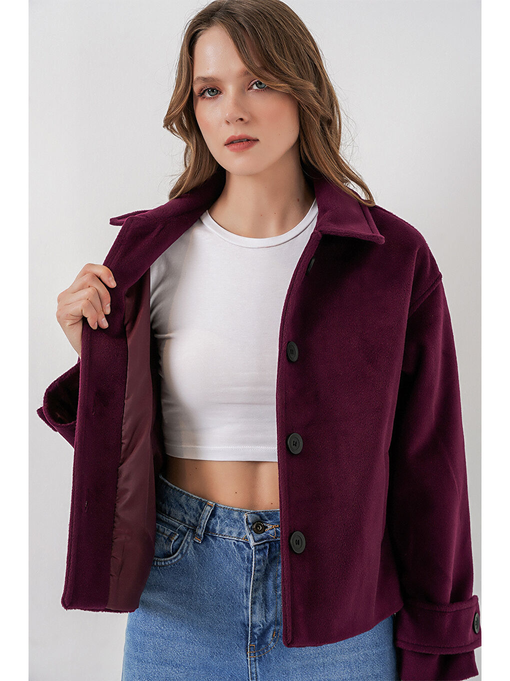 Kadın Kısa Kaşe Ceket 0724 - Mürdüm-3