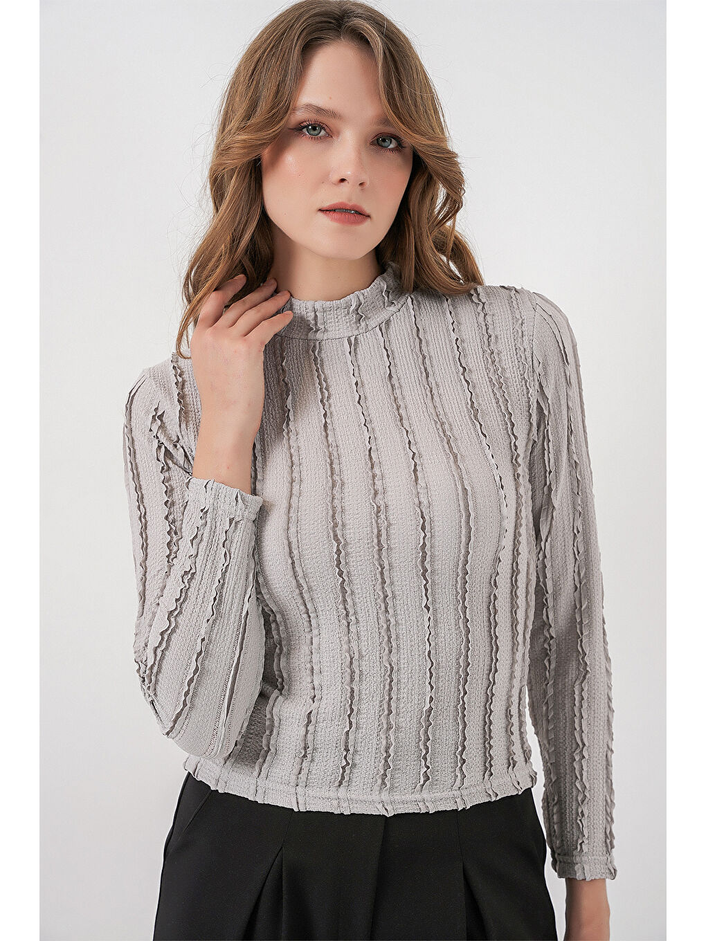 Kadın Dokulu Esnek Örme Bluz 975 - Gri-3
