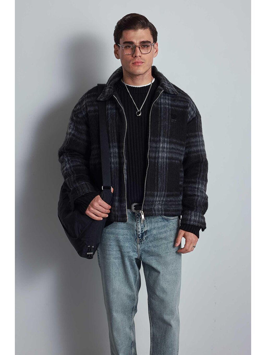 Erkek Oversize Fermuarlı Ekose Desenli Ceket Siyah
