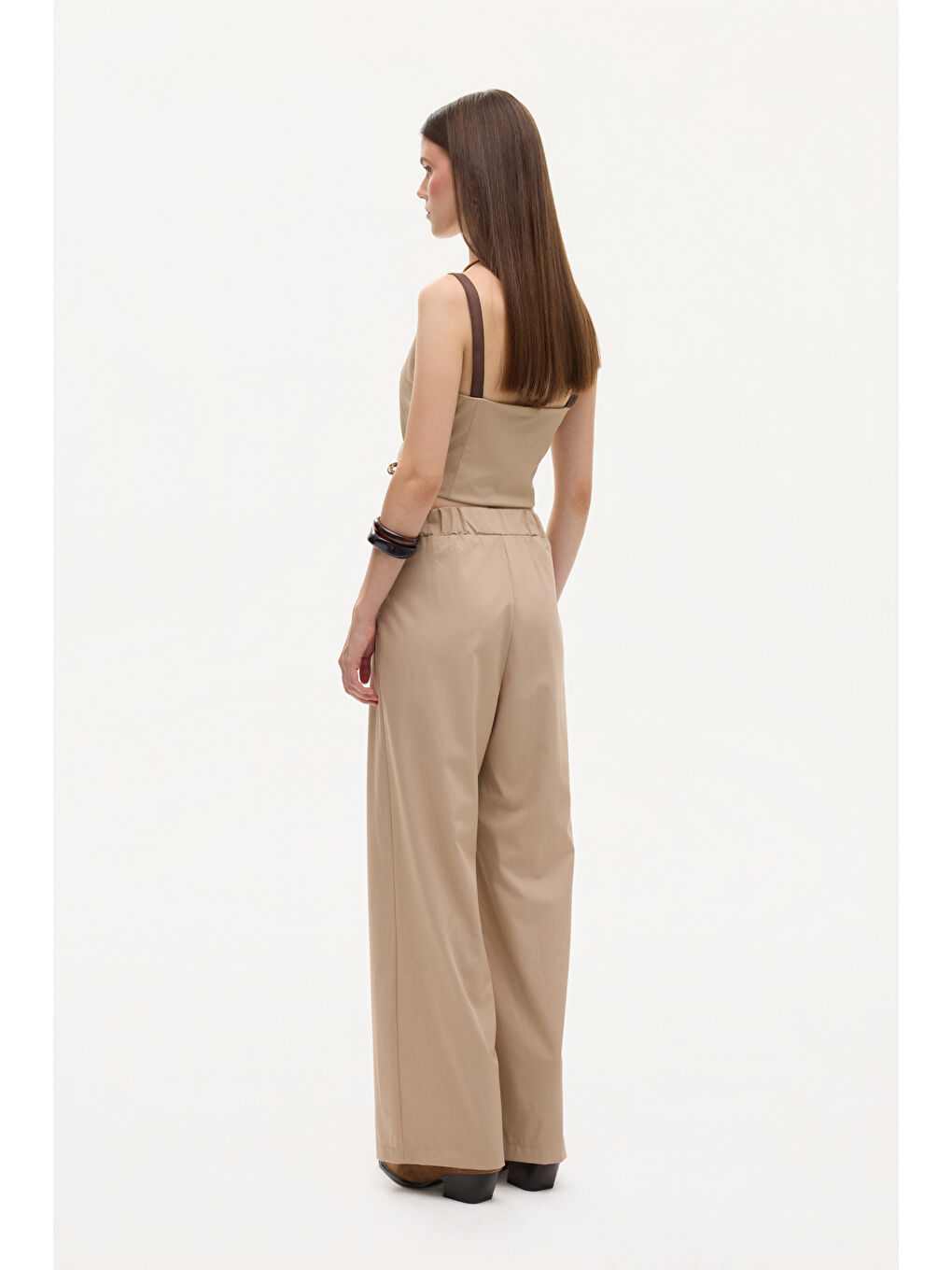Kemerli Pileli Yüksek Bel Palazzo Pantolon Bej-3