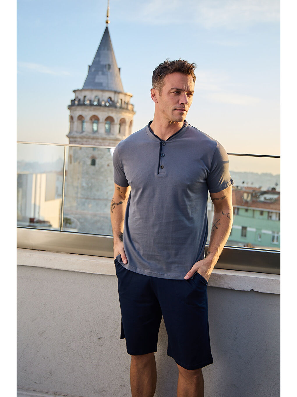 Antrasit Erkek %100 Organik Pamuk Doğal Kısa Kollu Şortlu Yüksek Kaliteli Pijama Takımı-2