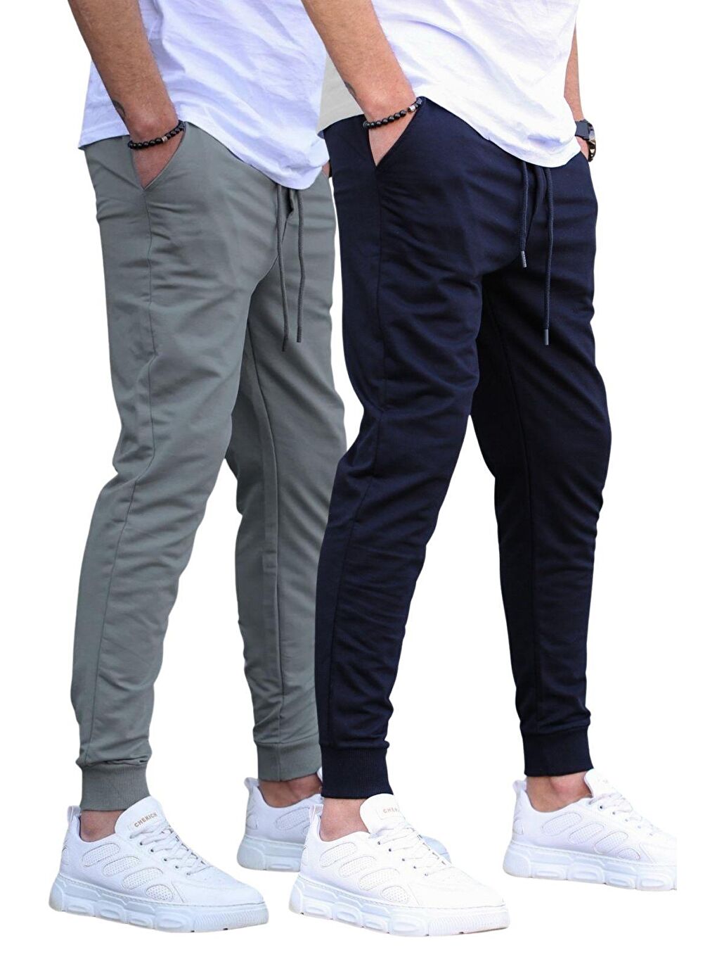 Gri Lacivert/Füme Paçası Lastikli 2'Li Paket Erkek Eşofman Altı E7446