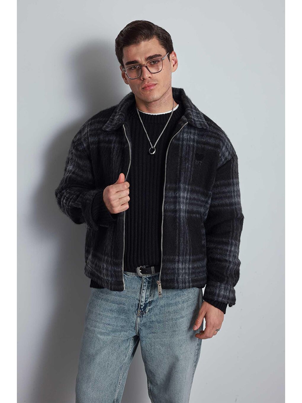 Erkek Oversize Fermuarlı Ekose Desenli Ceket Siyah-1