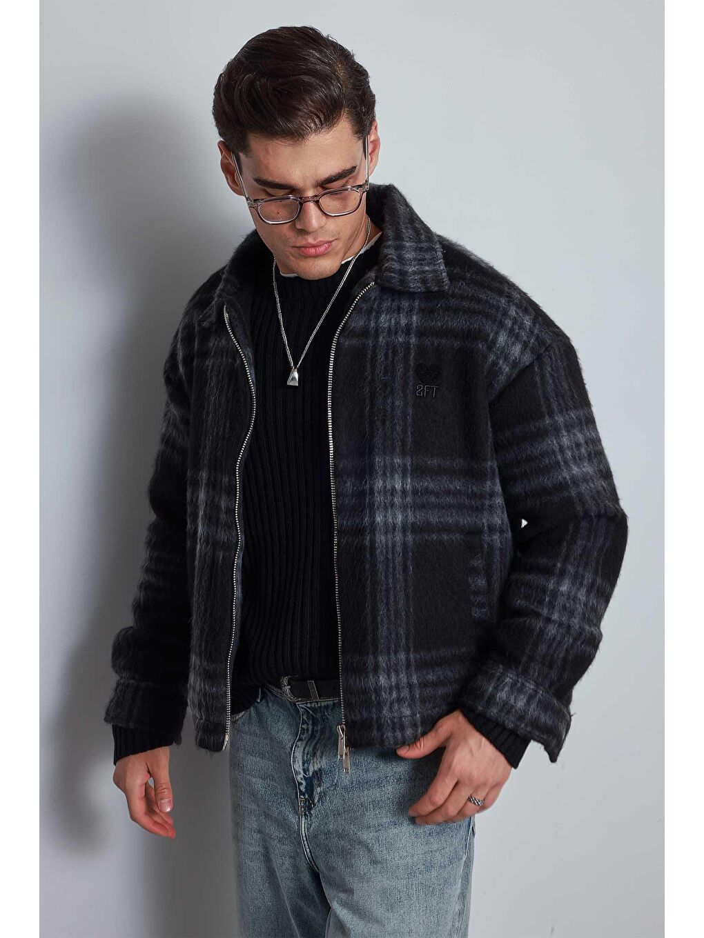 Erkek Oversize Fermuarlı Ekose Desenli Ceket Siyah-2