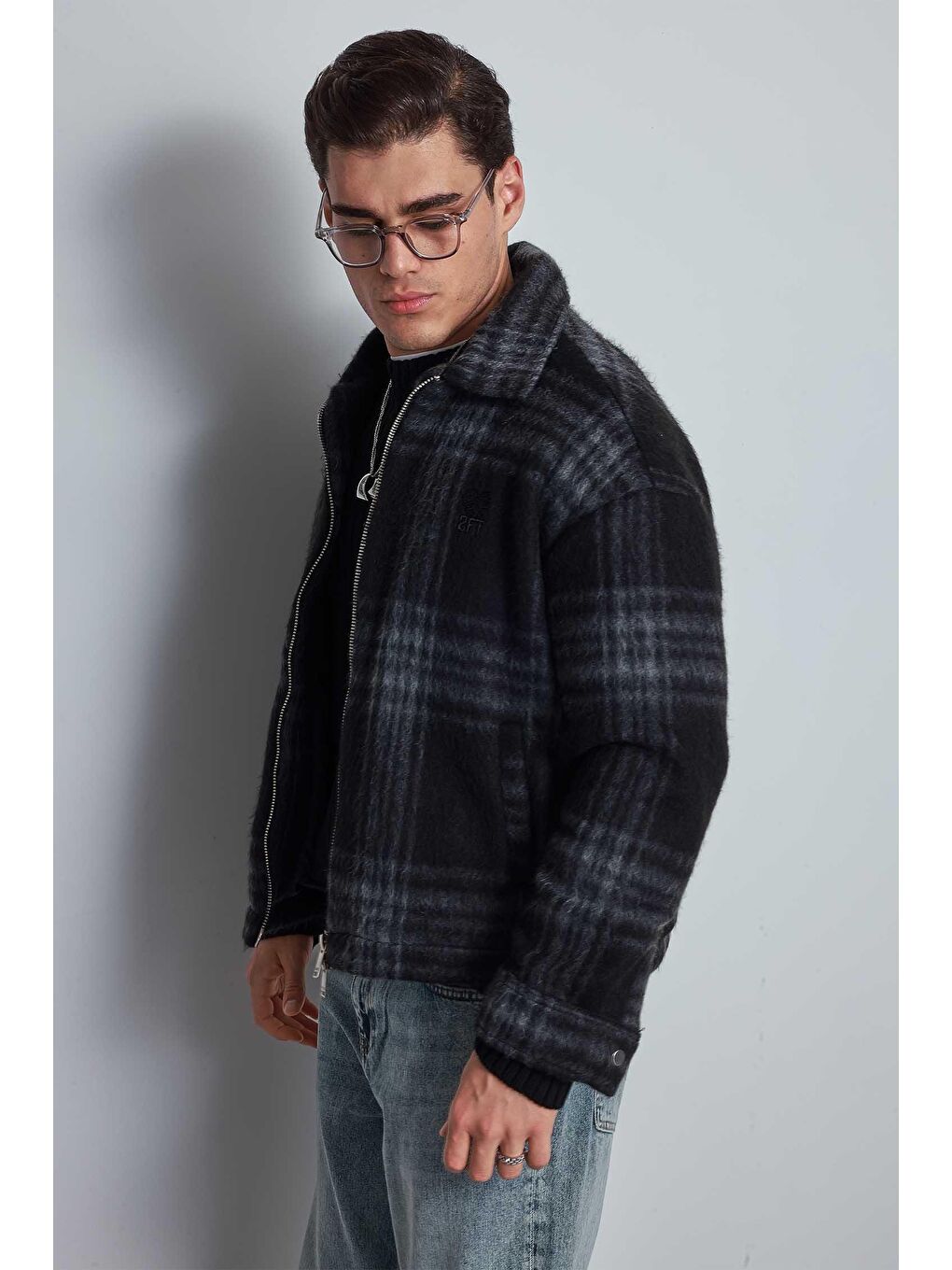 Erkek Oversize Fermuarlı Ekose Desenli Ceket Siyah-3