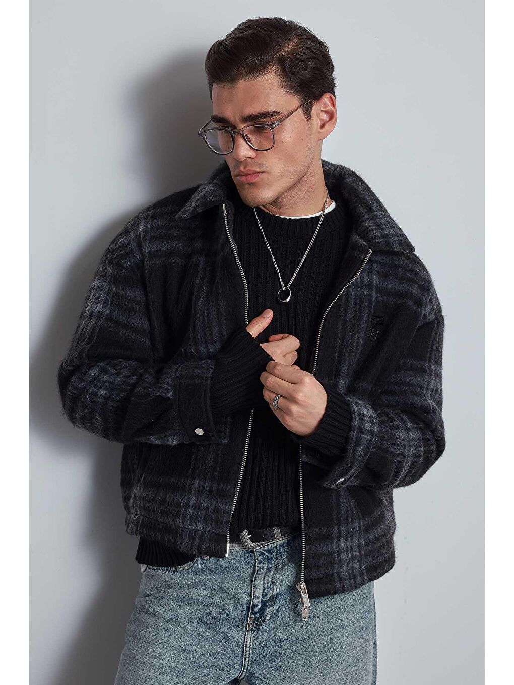 Erkek Oversize Fermuarlı Ekose Desenli Ceket Siyah-4