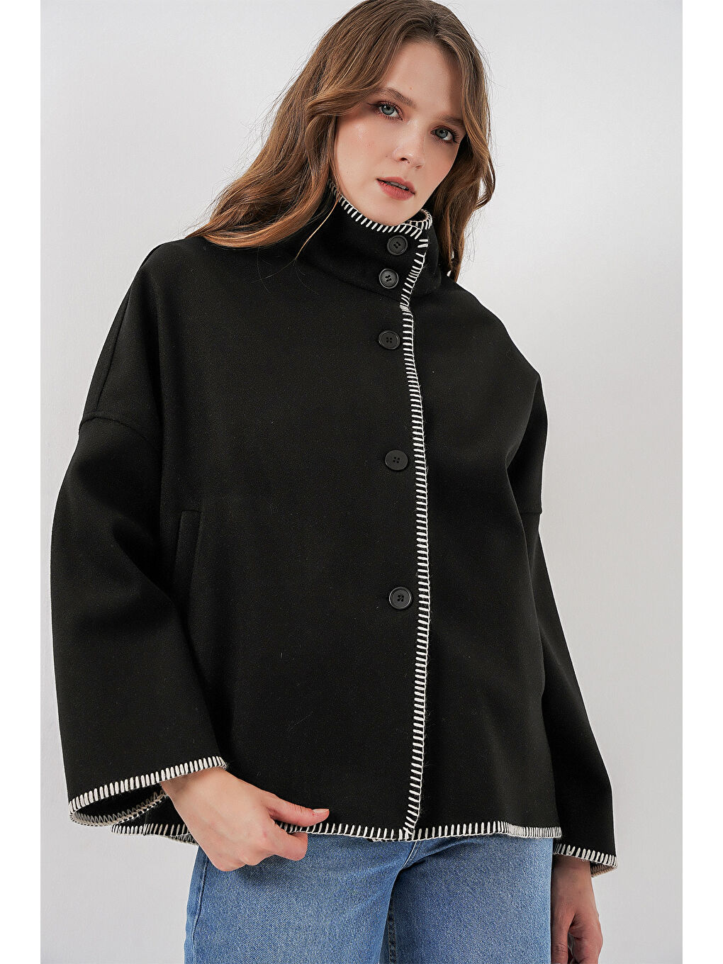 Kadın Nakışlı Kaşe Ceket 9167 - Siyah