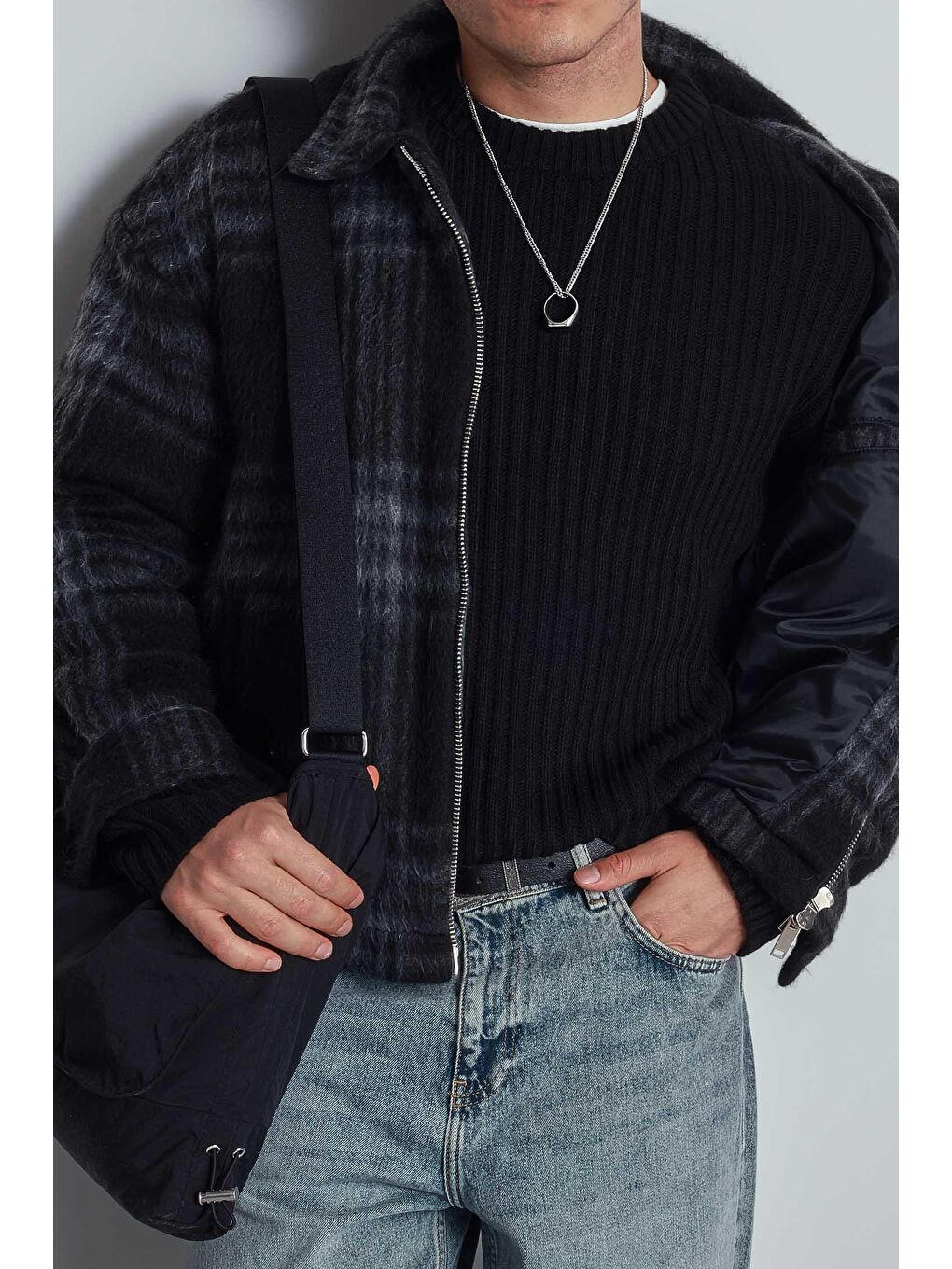 Erkek Oversize Fermuarlı Ekose Desenli Ceket Siyah-5