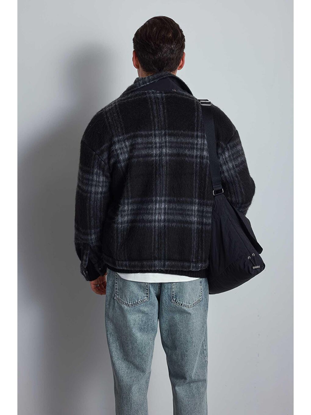 Erkek Oversize Fermuarlı Ekose Desenli Ceket Siyah-6