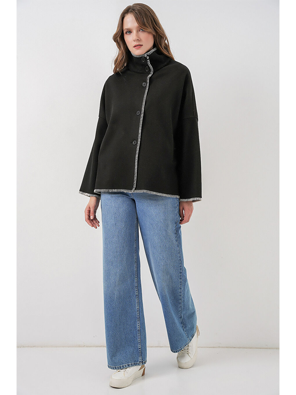 Kadın Nakışlı Kaşe Ceket 9167 - Siyah-1