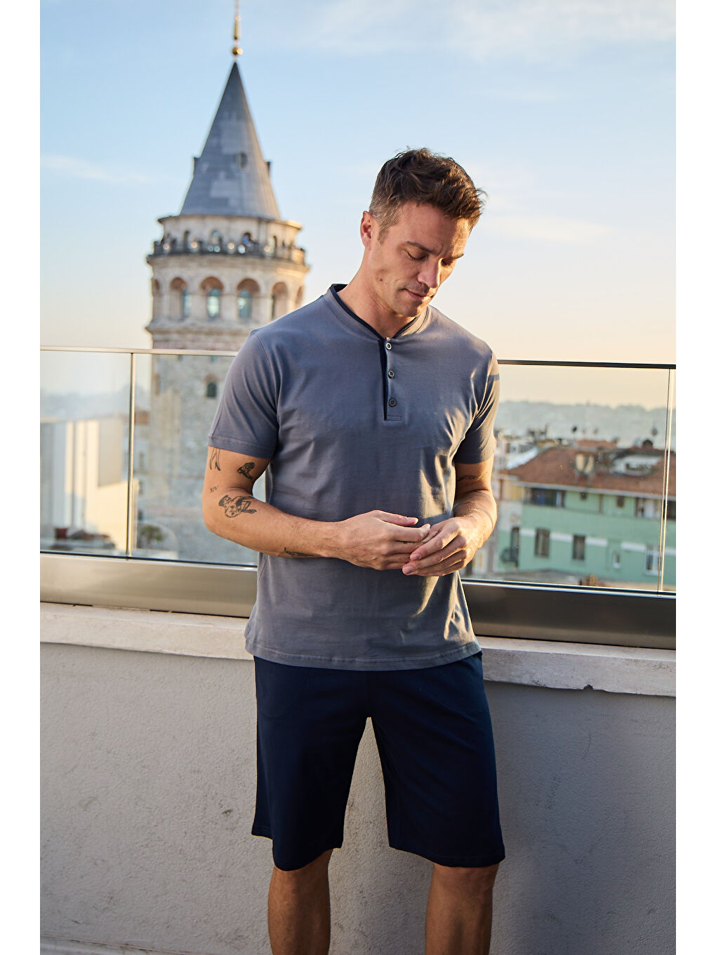 Antrasit Erkek %100 Organik Pamuk Doğal Kısa Kollu Şortlu Yüksek Kaliteli Pijama Takımı-3