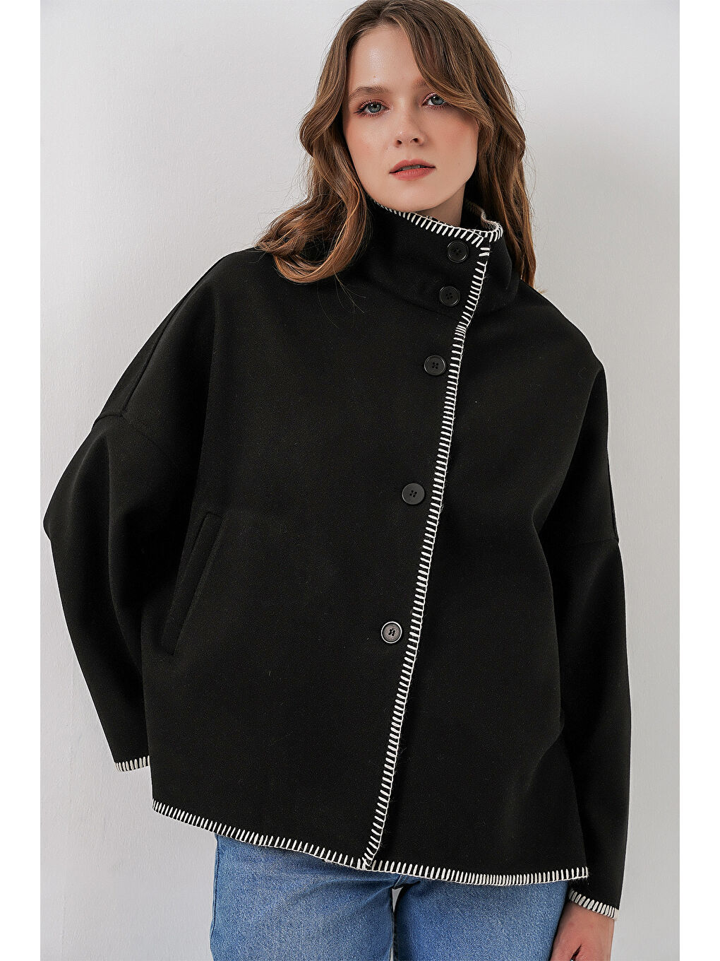 Kadın Nakışlı Kaşe Ceket 9167 - Siyah-3