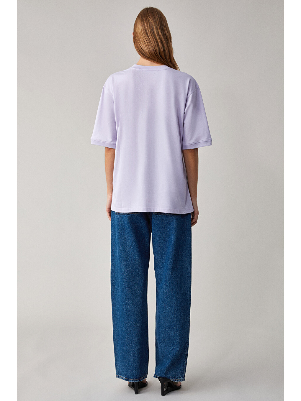 Lila Jemmy Kadın %100 Organik Pamuk Relaxed Fit Yırtmaçlı Yuvarlak Yakalı LİLA T-Shirt-4