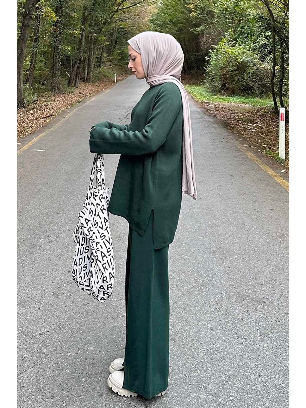 Basic Pantolon Önü Yırtmaçlı Triko Tesettür Takım Haki-1