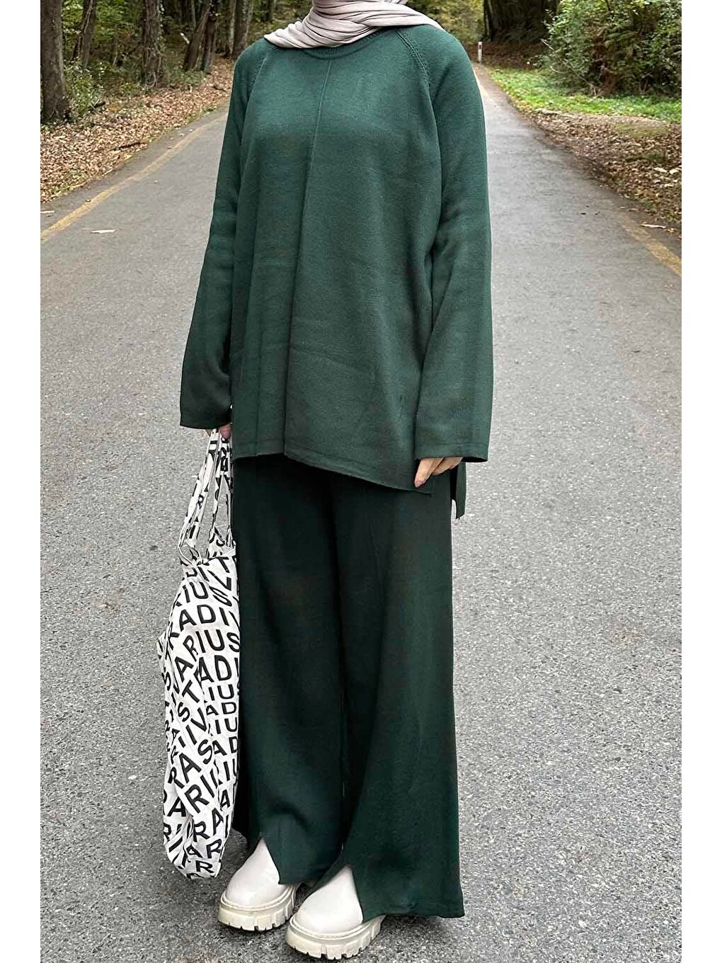 Basic Pantolon Önü Yırtmaçlı Triko Tesettür Takım Haki-2