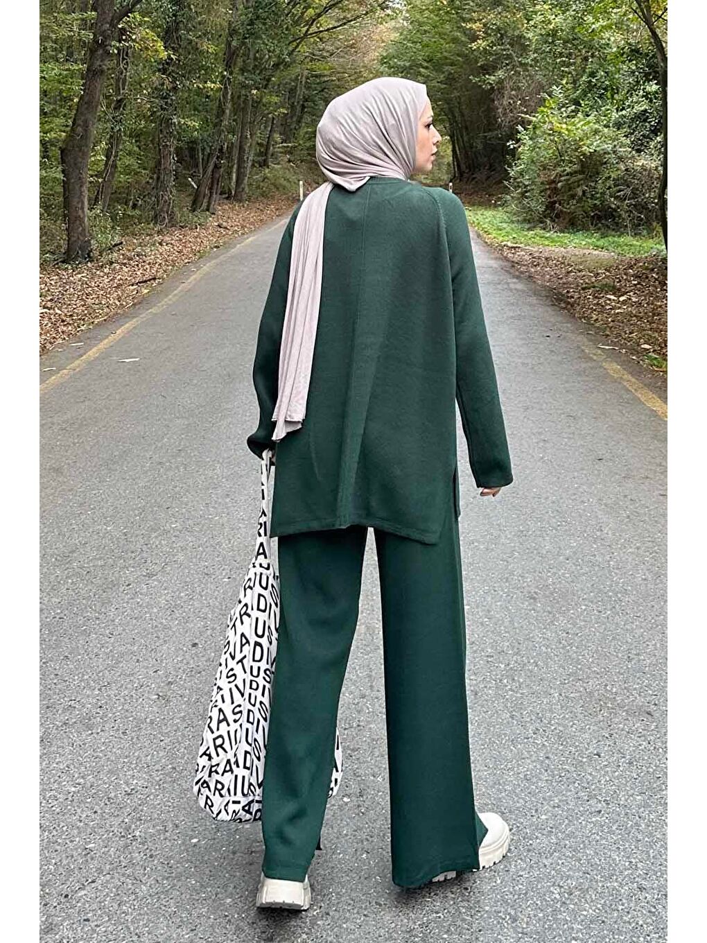 Basic Pantolon Önü Yırtmaçlı Triko Tesettür Takım Haki-3