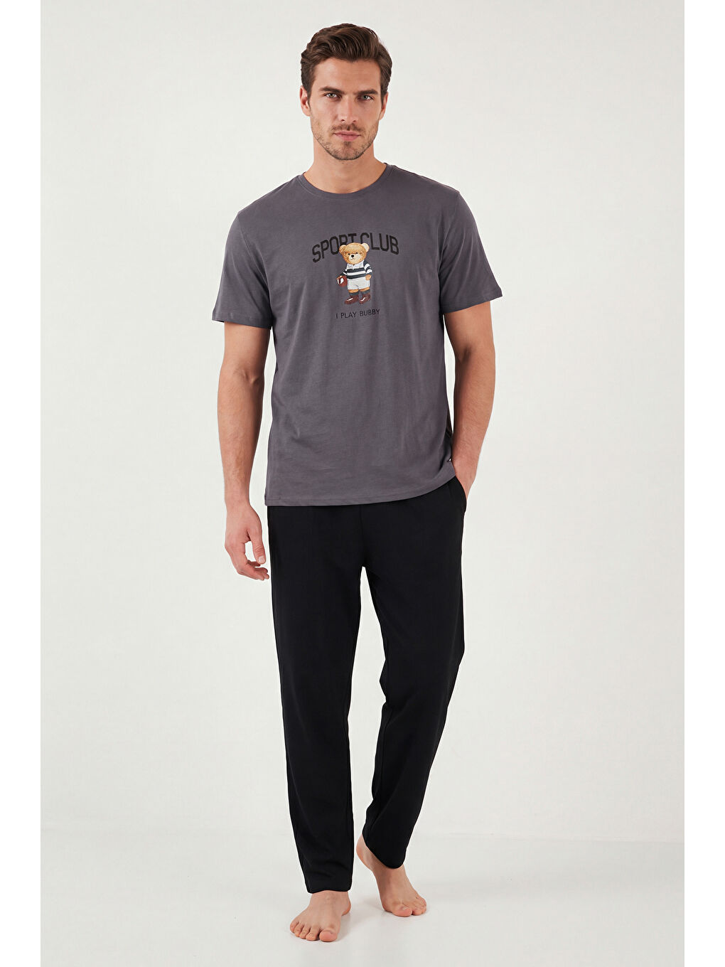 Gri Pamuklu Regular Fit Baskılı Pijama Takımı 6096160-2