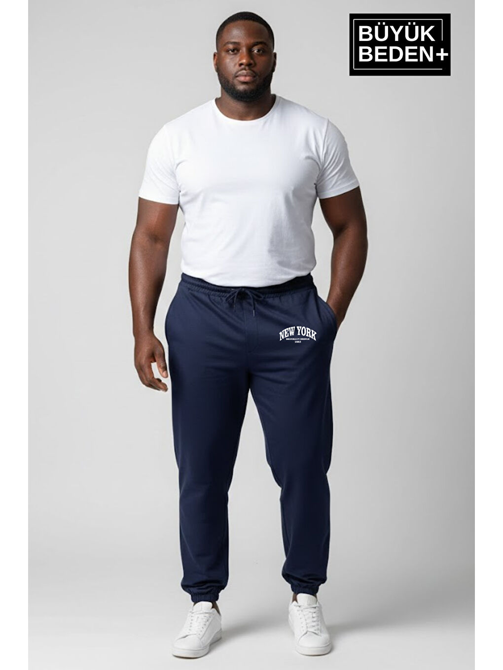 Lacivert Erkek Büyük Beden New York Baskılı Paça Lastikli Rahat Kesim Jogger İnce Eşofman Altı SPR26BEA951-5