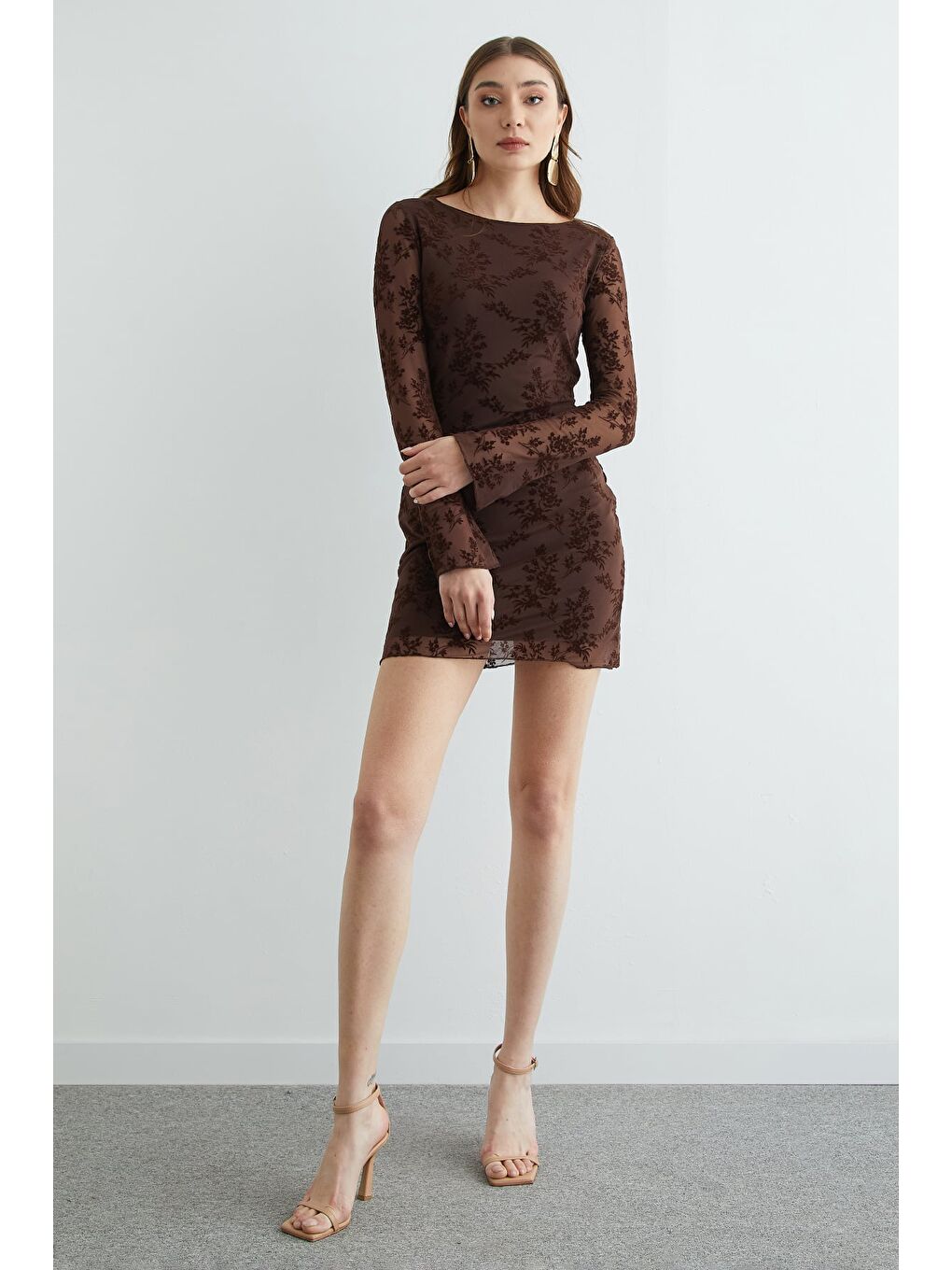 Kahverengi Kadife Detaylı Mini Boy Transparan Elbise