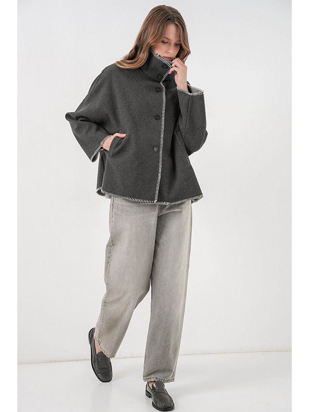 Kadın Nakışlı Kaşe Ceket 9167 - Antrasit-1