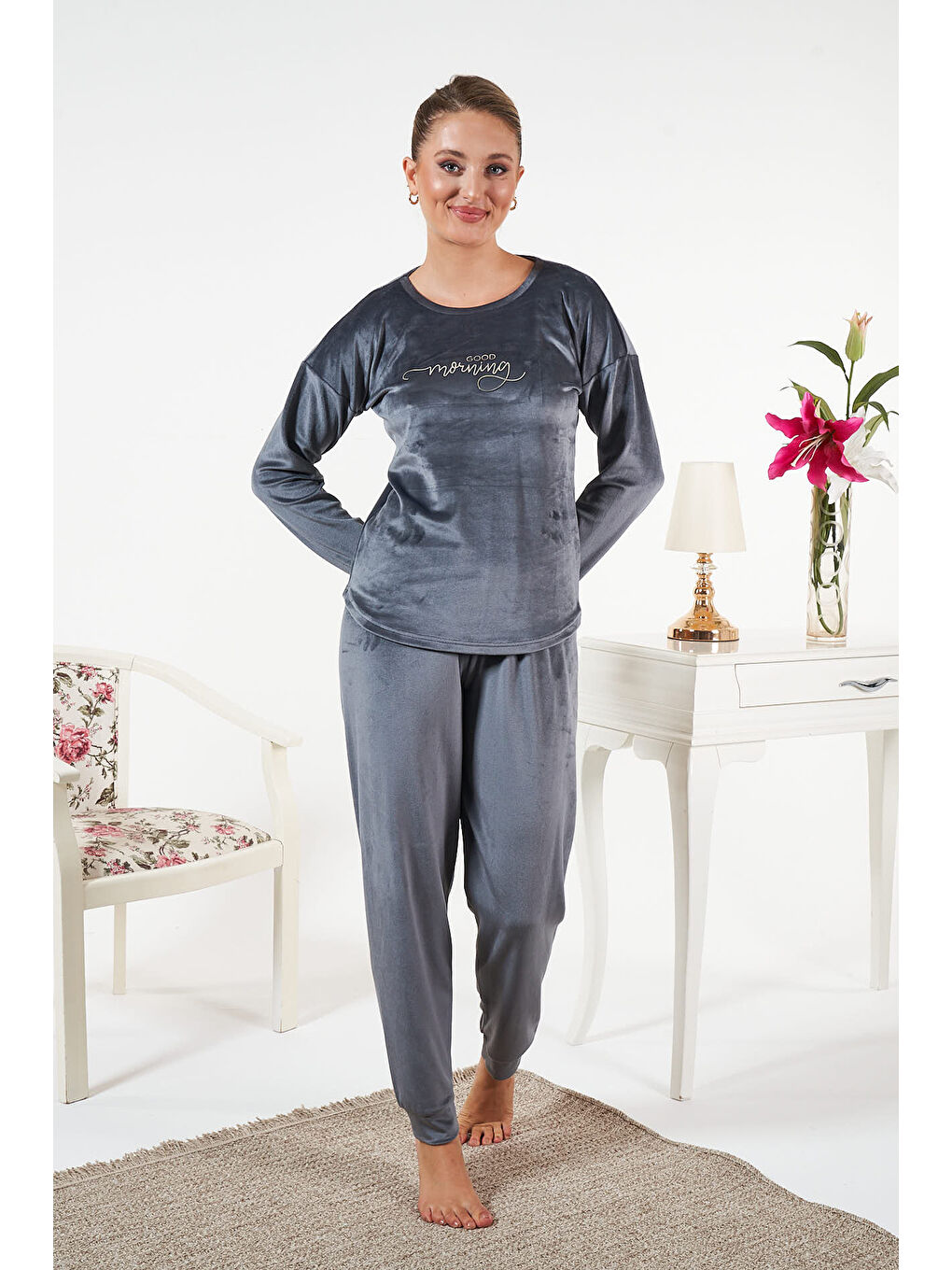 Kadın Kadife Baskılı Pijama Takımı 25383 Antrasit-2