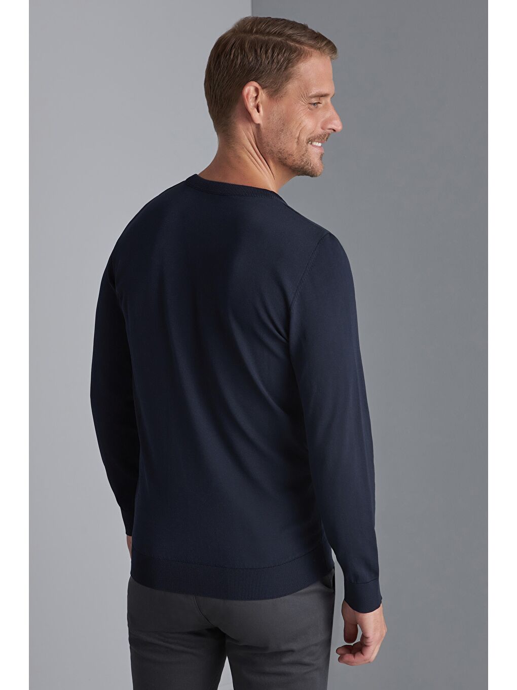 Lacivert Slim Fit Dar Kalıp Bisiklet Yaka Düz Uzun Kollu Triko-2