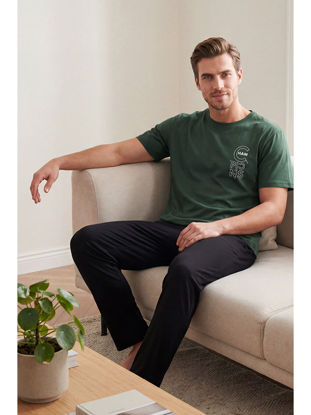 Yeşil Pamuklu Regular Fit Baskılı Pijama Takımı 6096160-1