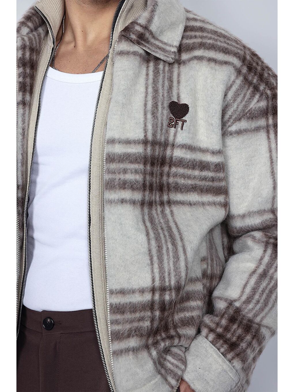 Erkek Oversize Fermuarlı Ekose Desenli Ceket Bej-1