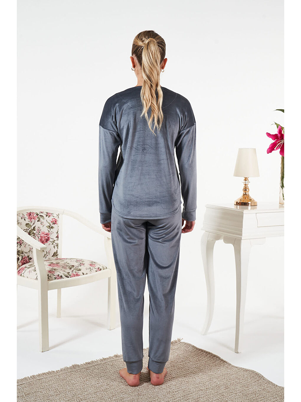 Kadın Kadife Baskılı Pijama Takımı 25383 Antrasit-3