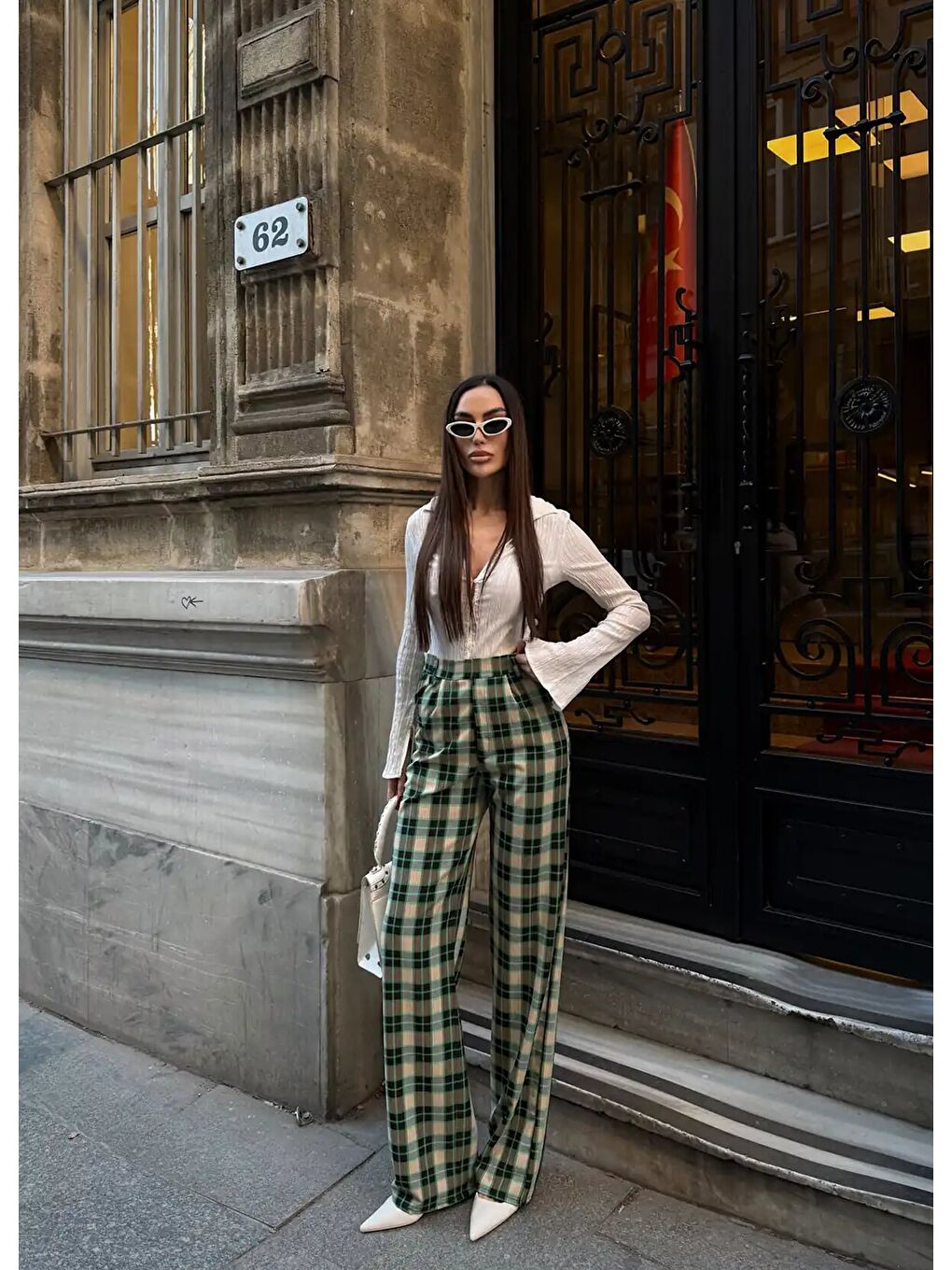 Yeşil Yüksek Bel İspanyol Paça Ekose Pantolon