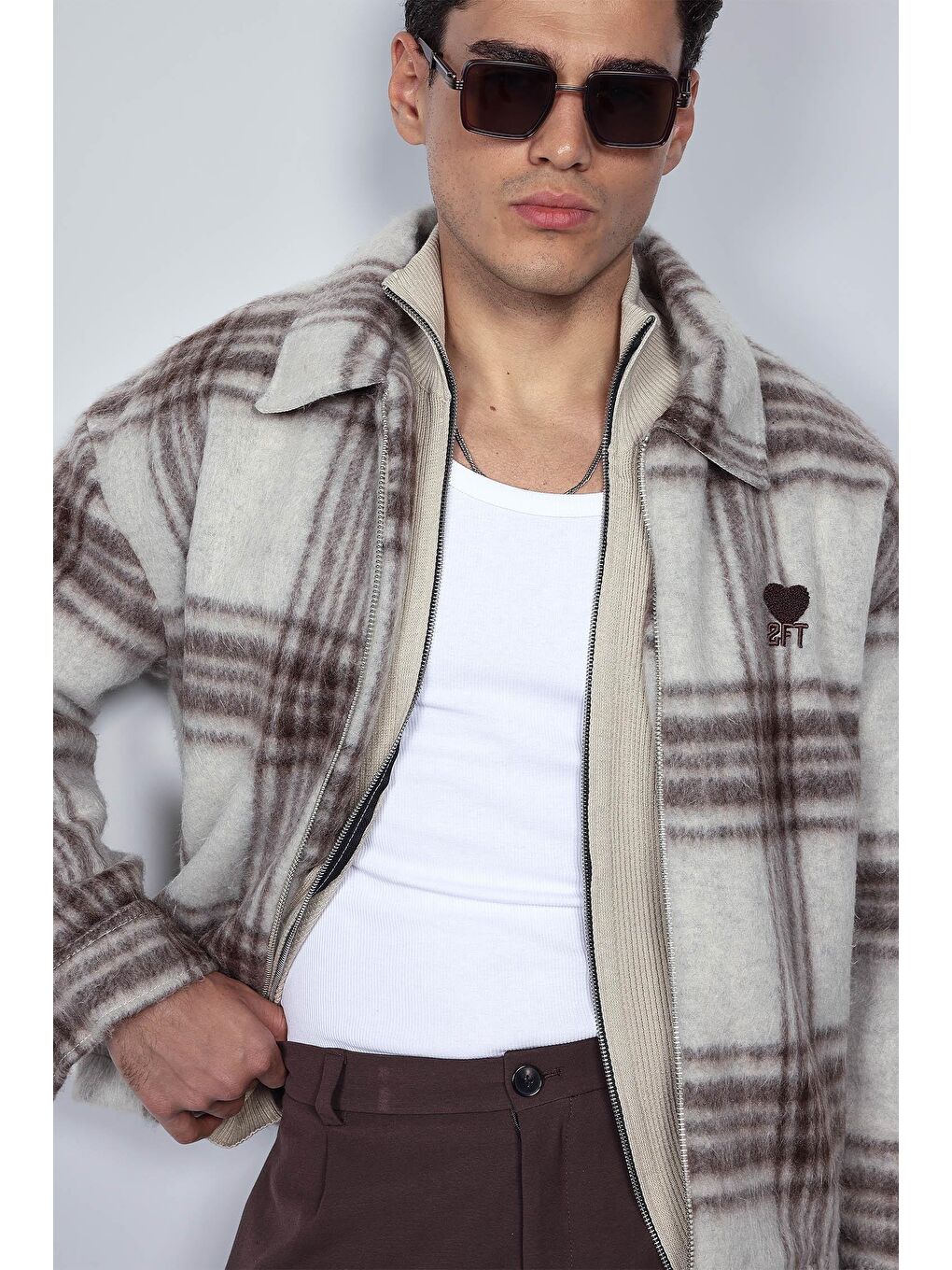 Erkek Oversize Fermuarlı Ekose Desenli Ceket Bej-2