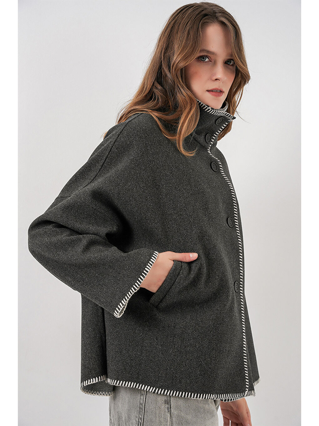 Kadın Nakışlı Kaşe Ceket 9167 - Antrasit-2