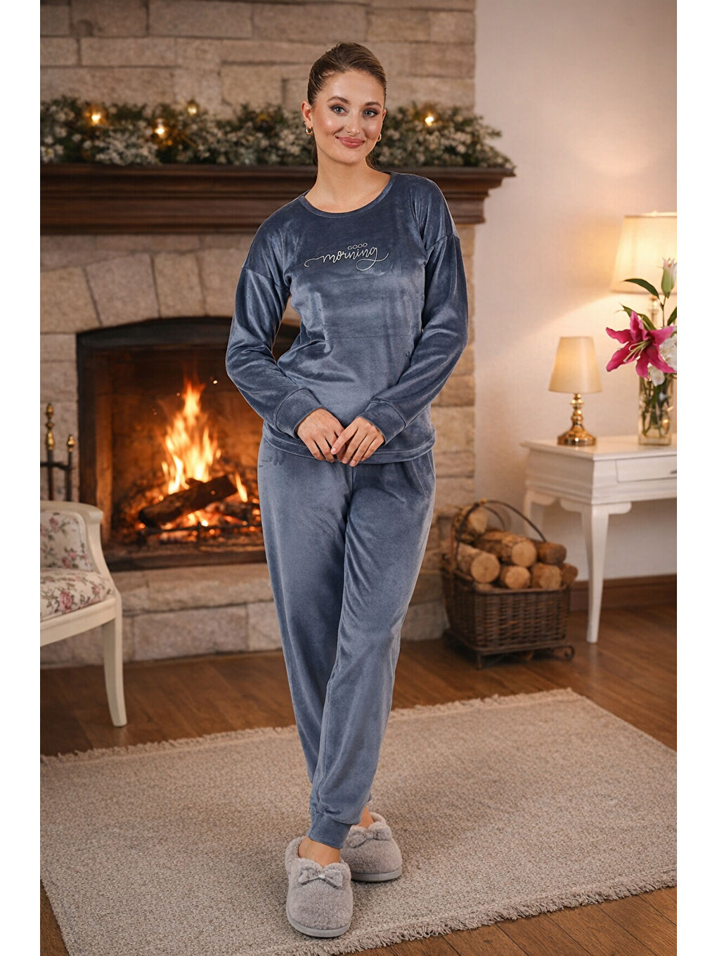 Kadın Kadife Baskılı Pijama Takımı 25383 Antrasit-4