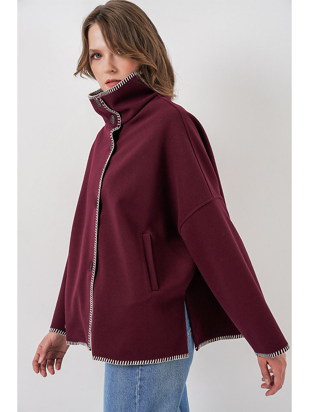 Kadın Nakışlı Kaşe Ceket 9167 - Bordo-2