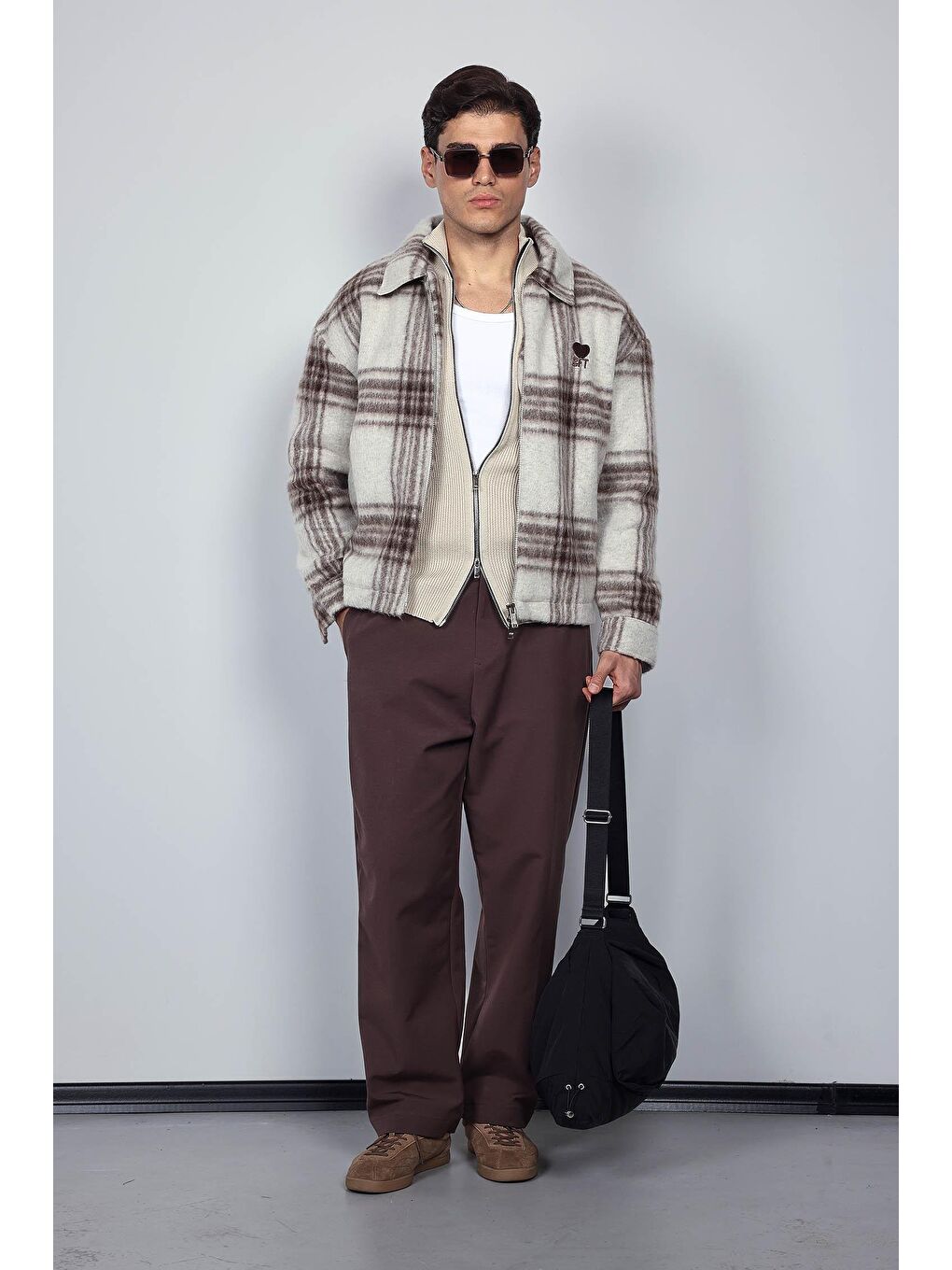 Erkek Oversize Fermuarlı Ekose Desenli Ceket Bej-3