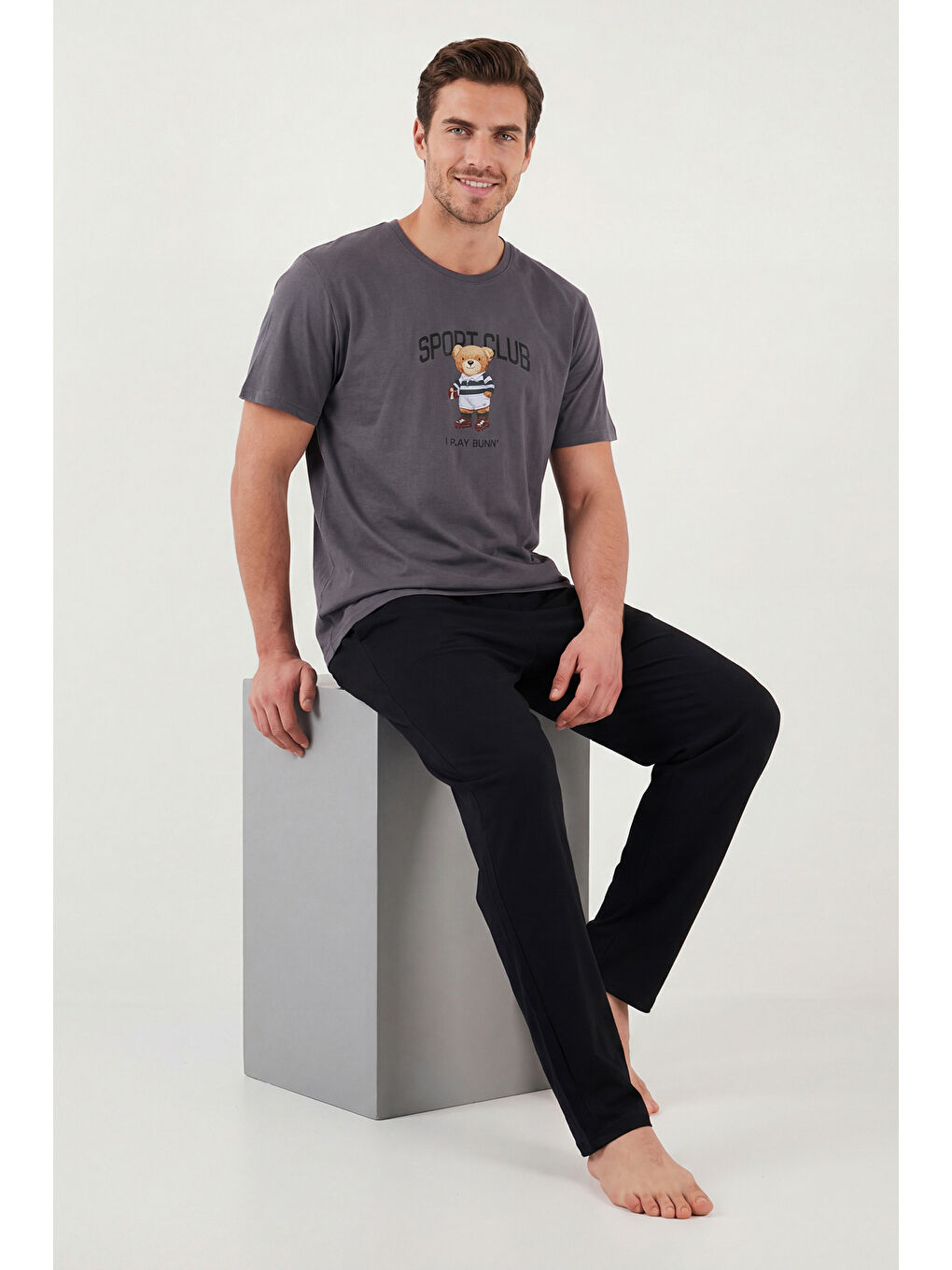 Gri Pamuklu Regular Fit Baskılı Pijama Takımı 6096160-5