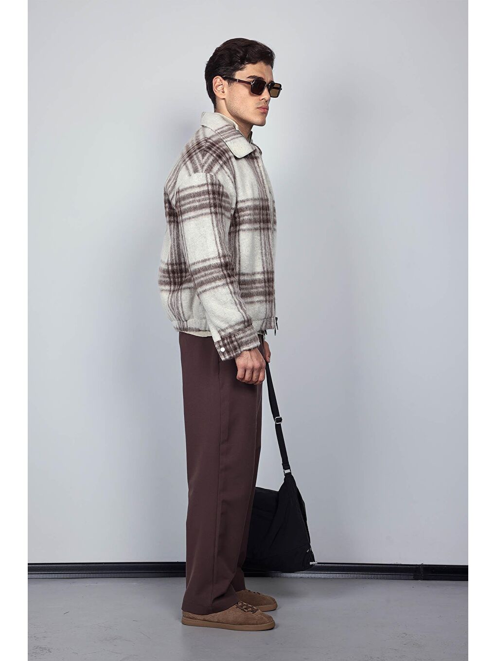 Erkek Oversize Fermuarlı Ekose Desenli Ceket Bej-4