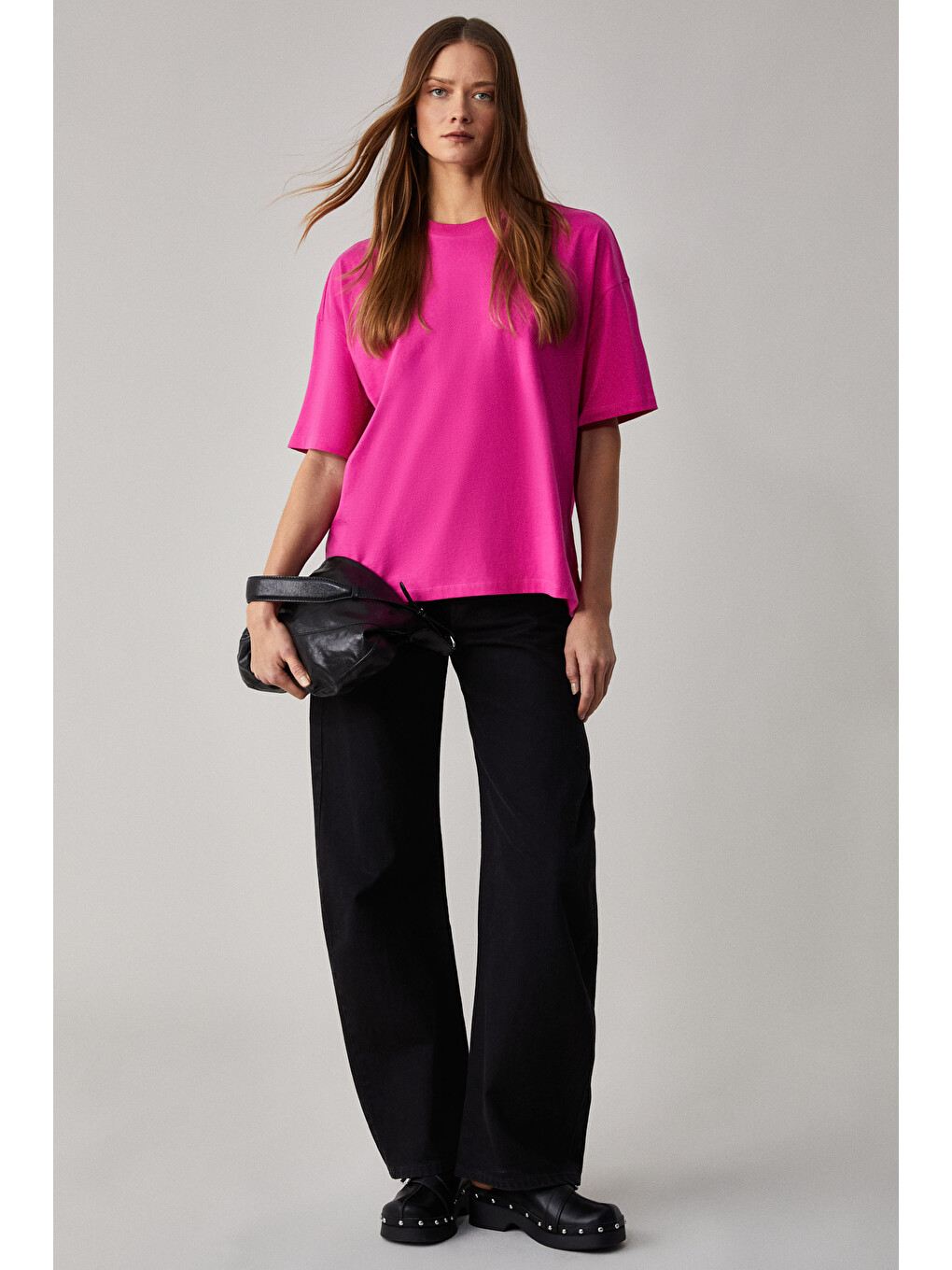 Pembe Jemmy Kadın %100 Organik Pamuk Relaxed Fit Yırtmaçlı Yuvarlak Yakalı PEMBE T-Shirt-1