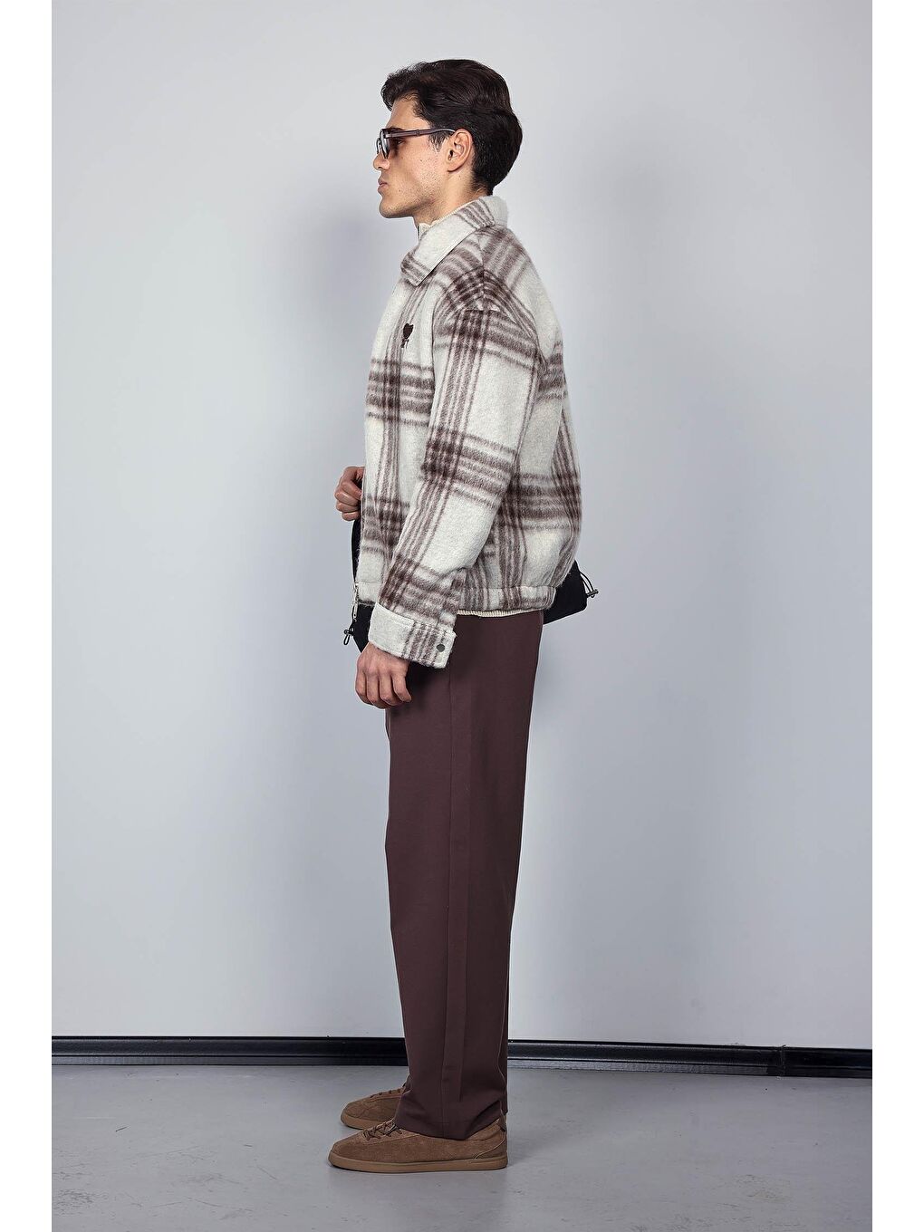 Erkek Oversize Fermuarlı Ekose Desenli Ceket Bej-5