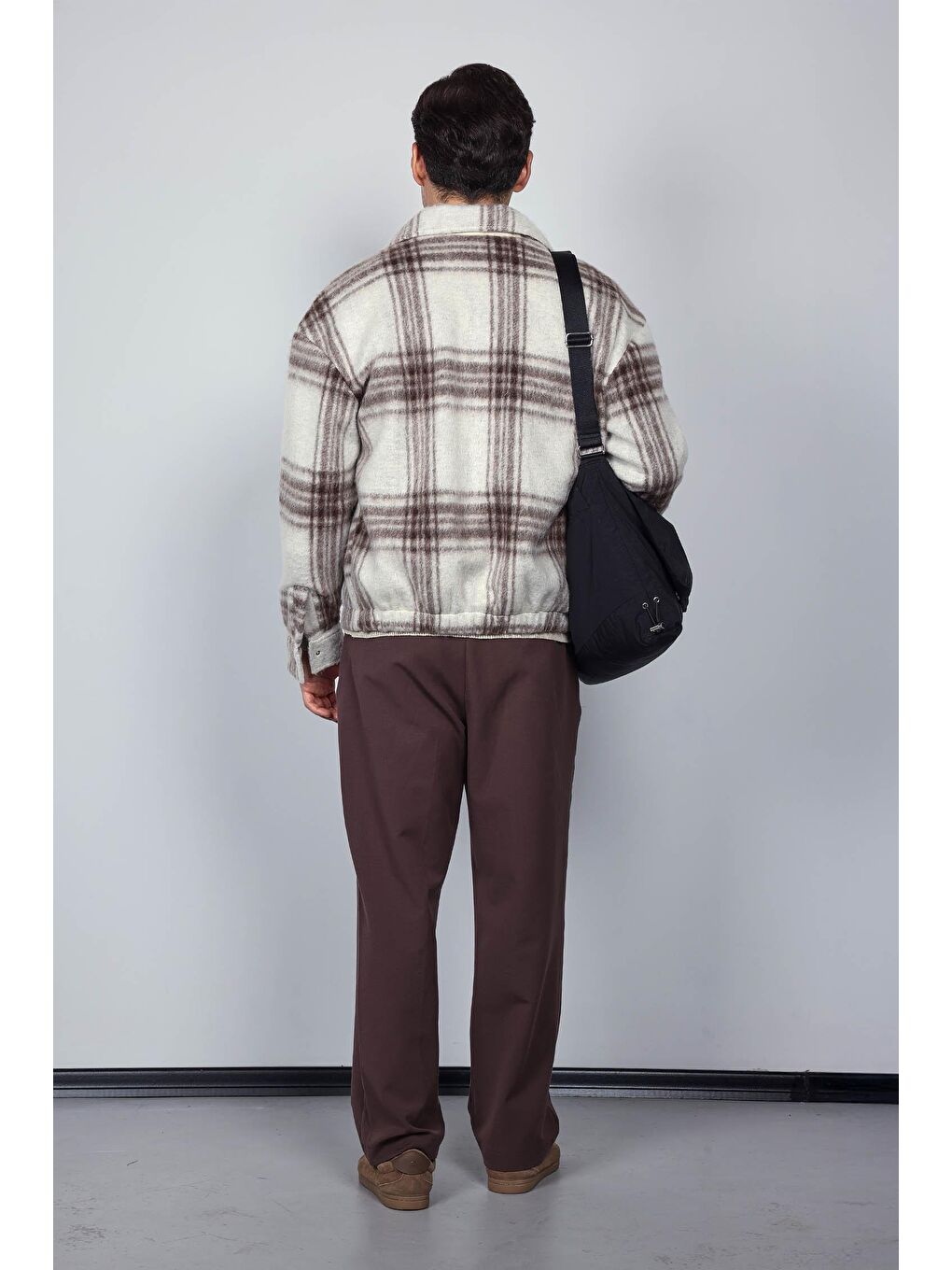Erkek Oversize Fermuarlı Ekose Desenli Ceket Bej-6