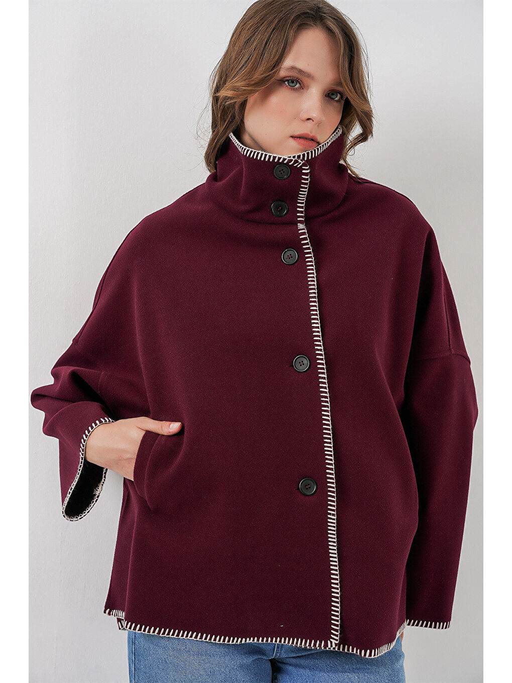 Kadın Nakışlı Kaşe Ceket 9167 - Bordo-3