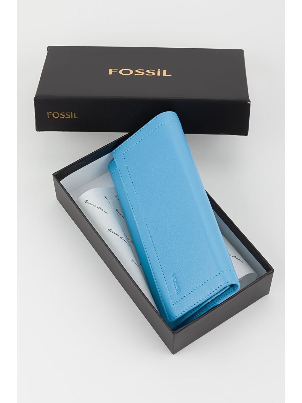 Kutulu Hakiki Deri Buz Mavi Kadın El Portföyü Uzun Cüzdan-5