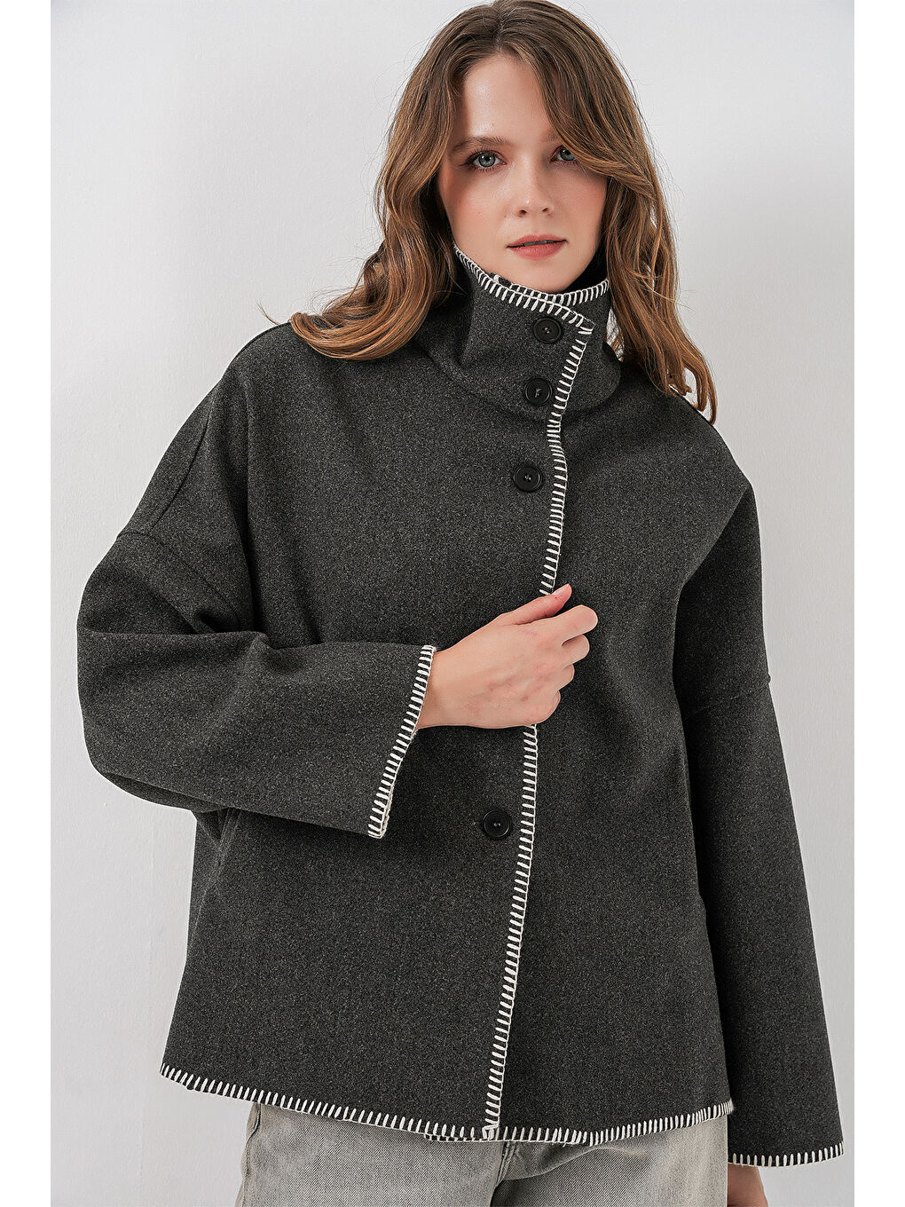 Kadın Nakışlı Kaşe Ceket 9167 - Antrasit-3