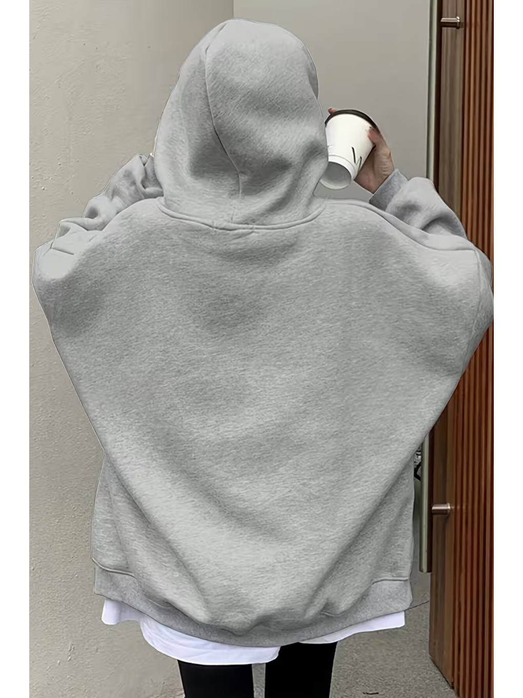 Kadın Gri Oversize Kapüşonlu Önü Fermuarlı Yumuşak Kumaş Sweatshirt-2